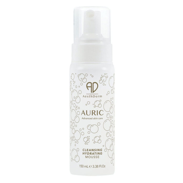 Aesthderm AURIC Cleansing Hydrating Mousse 150ml pump bottle, a professional foaming facial cleanser for cellular skin hydration.