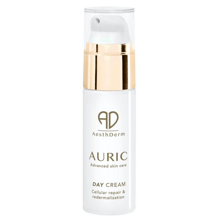 Aesthderm AURIC Day Cream 30ml elegant airless pump, formulated for professional daytime skin protection, barrier repair, and deep hydration.