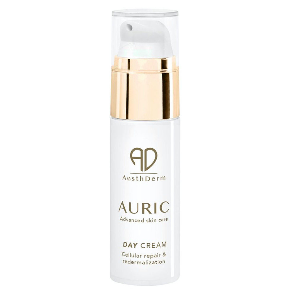 Aesthderm AURIC Day Cream 30ml elegant airless pump, formulated for professional daytime skin protection, barrier repair, and deep hydration.