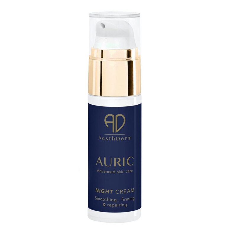 Aesthderm AURIC Night Cream 30ml sleek bottle packaging, formulated for overnight skin redermalisation and post-treatment home care.