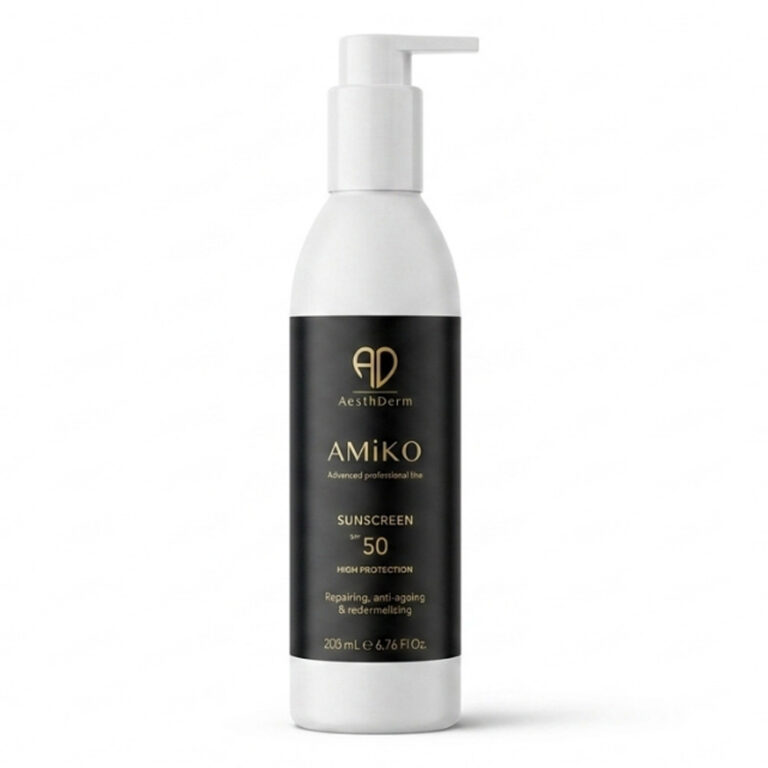 Professional salon-size 200ml bottle of Aesthderm AMIKO Sunscreen SPF 50+ broad-spectrum photoprotector for post-procedure skin defense.
