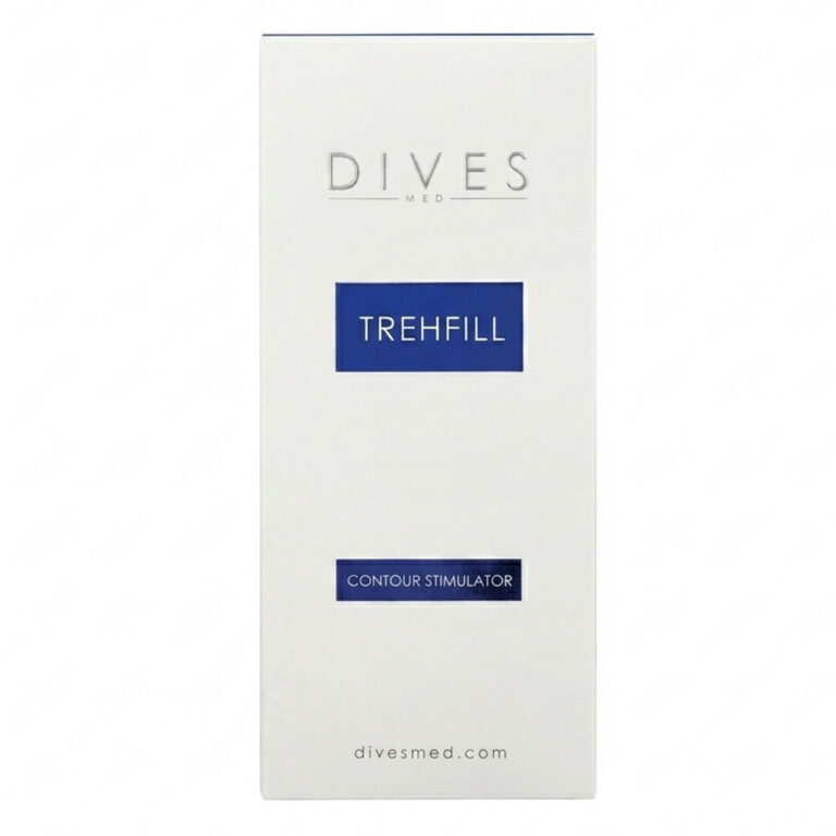 DIVES MED Trehfill 2ml pre-filled syringe box, an advanced hybrid tissue stimulator utilizing hyaluronic acid and trehalose for facial contouring.