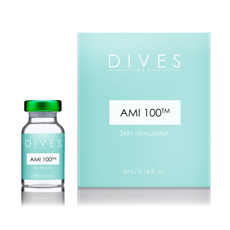 DIVES MED Ami 100 5ml professional eye rejuvenation vial, featuring fragmented hyaluronic acid and amino acids to improve skin density.