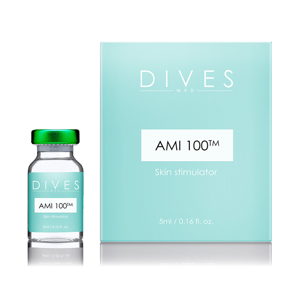 DIVES MED Ami 100 5ml professional eye rejuvenation vial, featuring fragmented hyaluronic acid and amino acids to improve skin density.